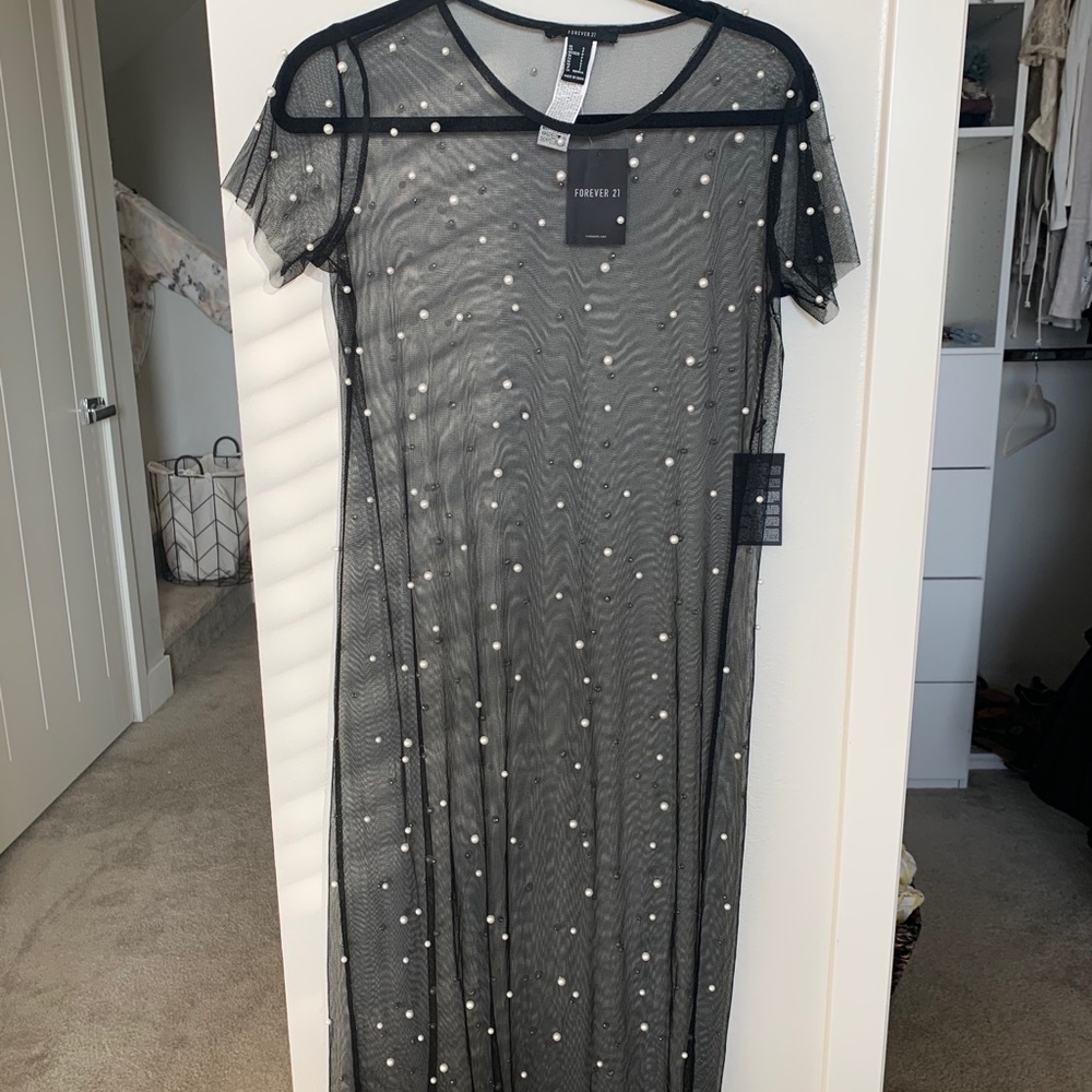 Forever 21 Black Pearl Mesh Dress Size S NEW!